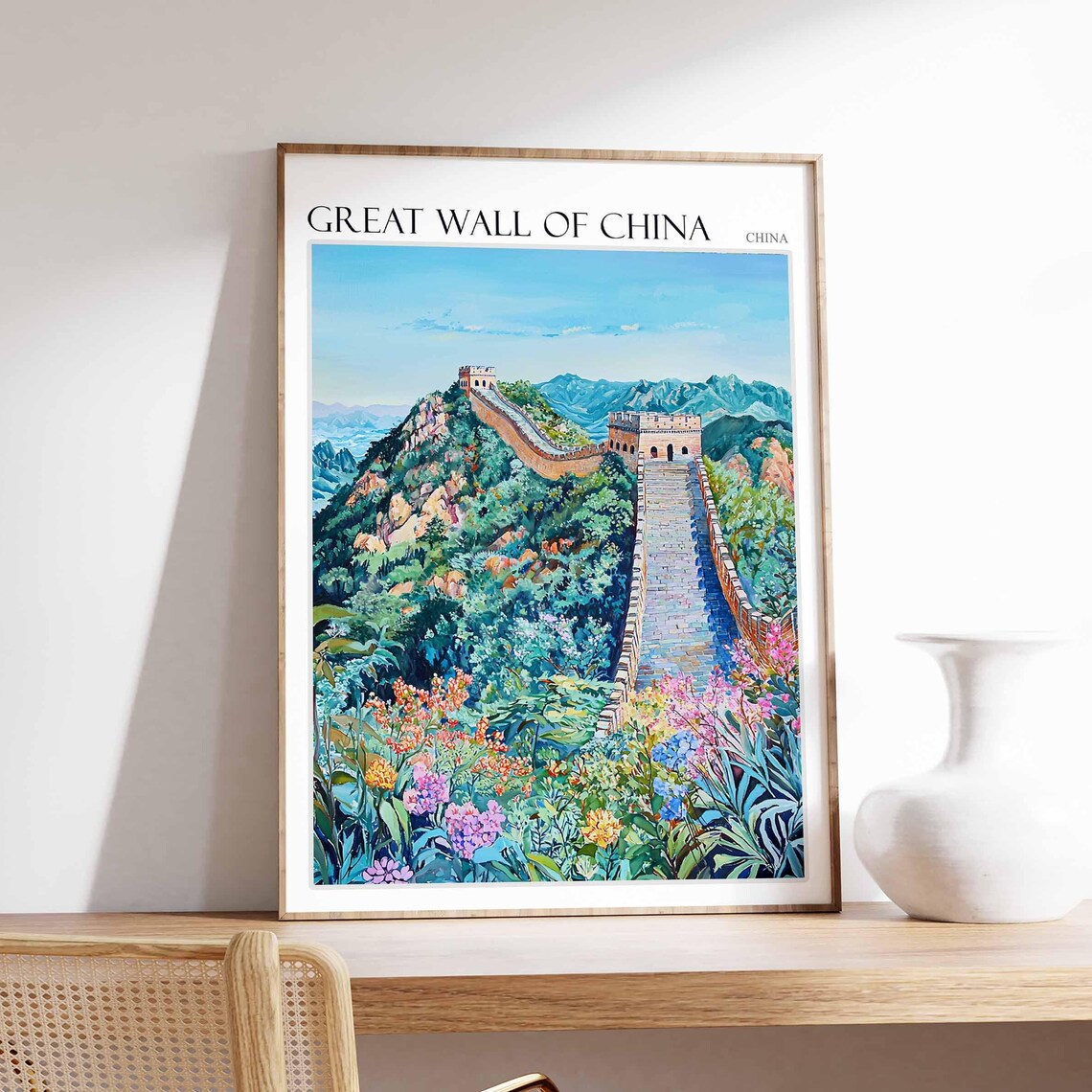 Great Wall of China Wildflower Mountain Slope Scene Painting Poster