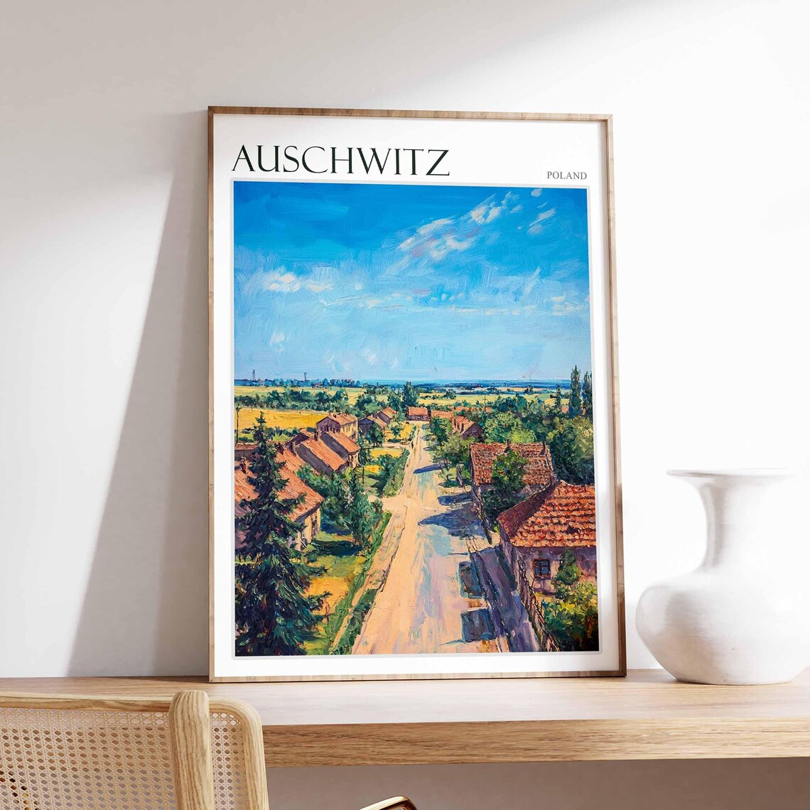 Auschwitz Poland Village Road Peaceful Landscape Travel Poster