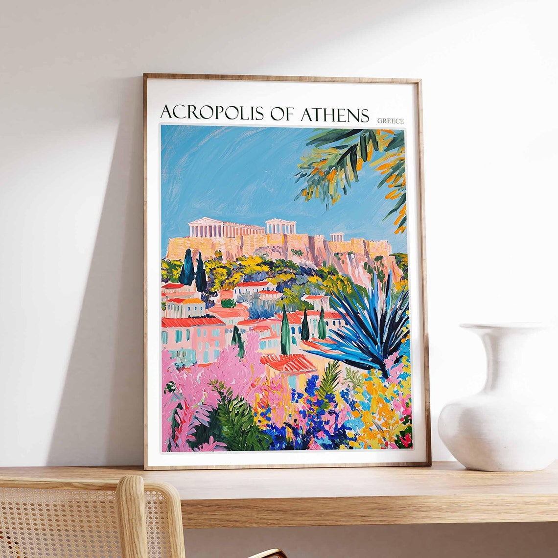 Acropolis Of Athens Poster Acropolis Of Athens Travel Print Greek Travel Poster Botanical Decor Floral Print European Travel Print
