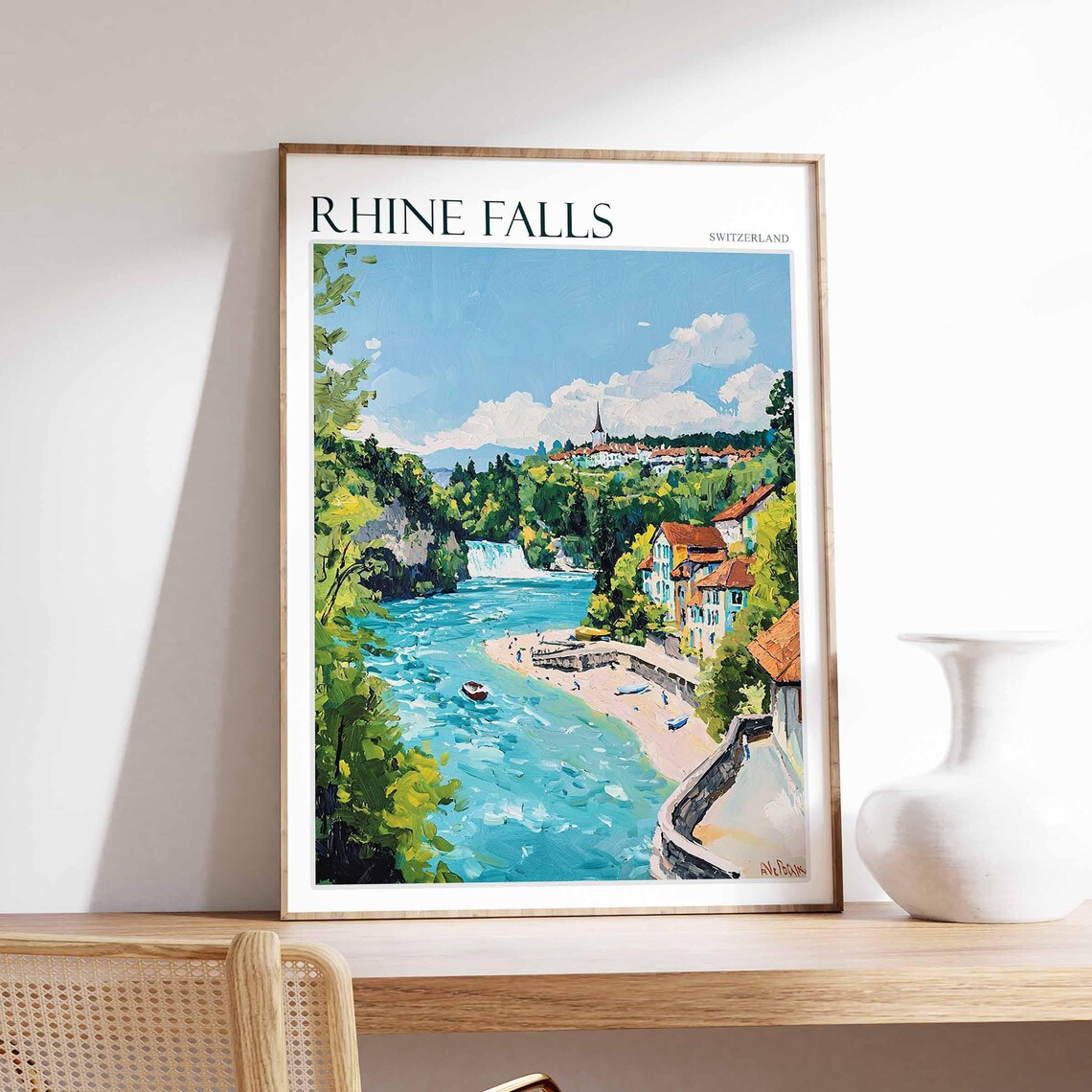 Rhine Falls Switzerland River Boats Waterfall View Travel Poster
