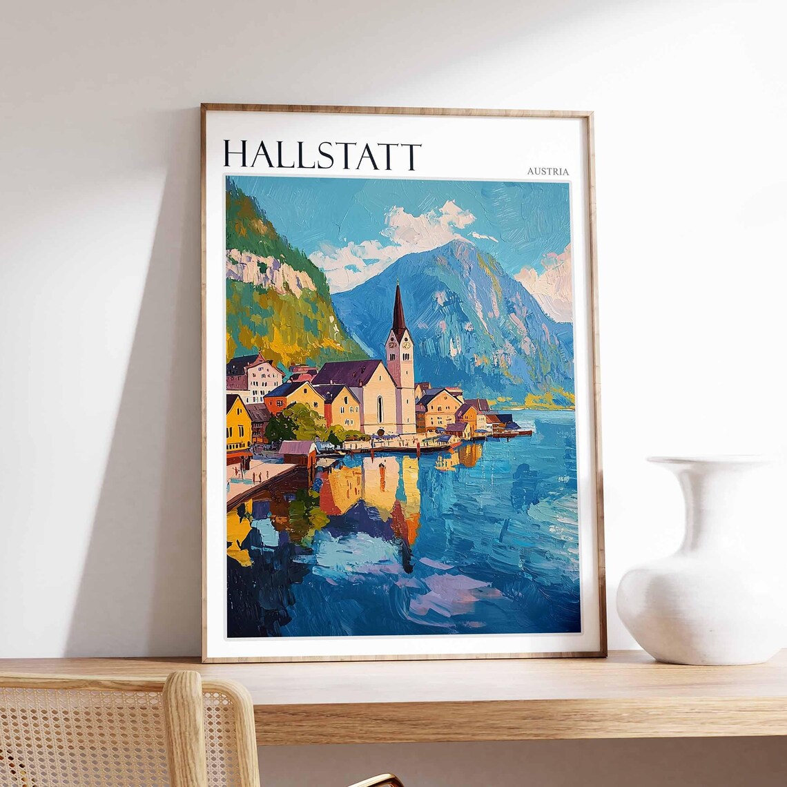 Hallstatt Austria Lake Church Reflection Impasto Painting Poster