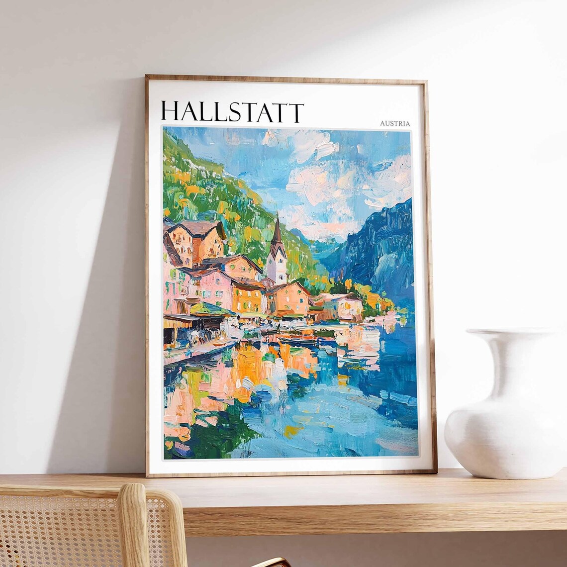 Hallstatt Austria Colorful Lakeside Village Oil Painting Poster