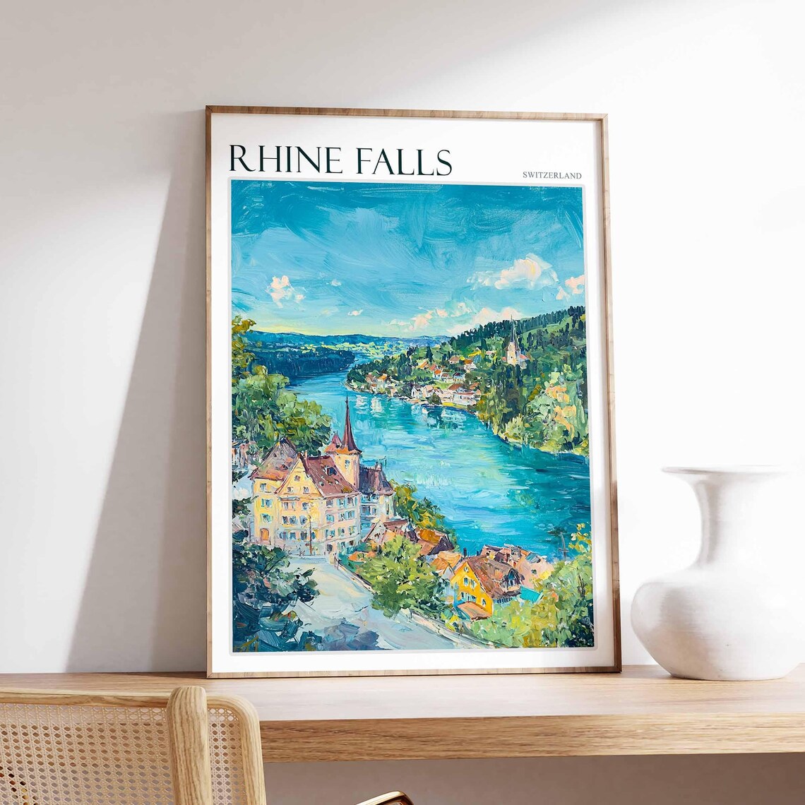 Rhine Falls Switzerland River Bend Old Town View Travel Poster