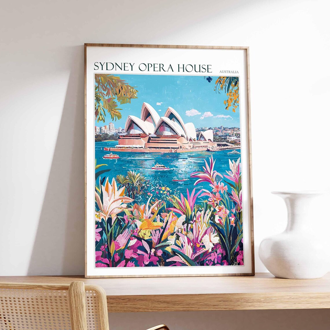 Sydney Opera House Australia Tropical Flowers Ferry Scene Poster