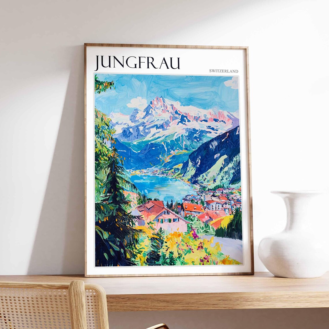 Jungfrau Switzerland Mountain Village Lake Alpine Travel Poster