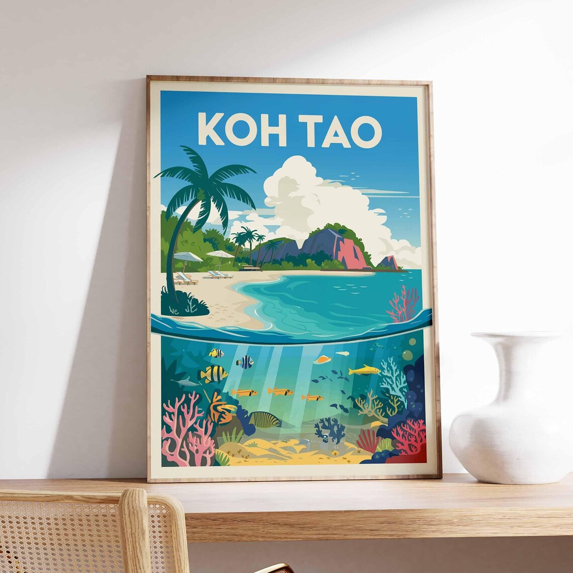 Koh Tao Thailand Beach Coral Reef Split View Tropical Travel Poster