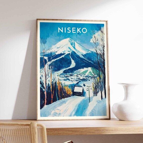 Niseko Japan Snow Capped Peak Chairlift Lodge Painted Ski Travel Poster