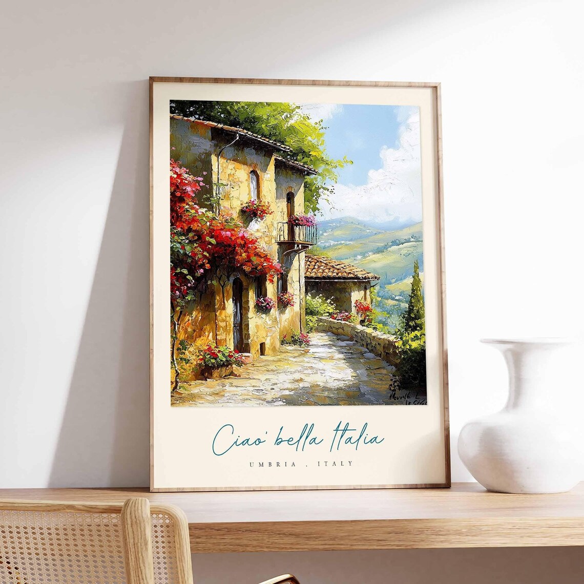 Umbria Italy Stone Cottage Bougainvillea Cobbled Lane Painting Poster