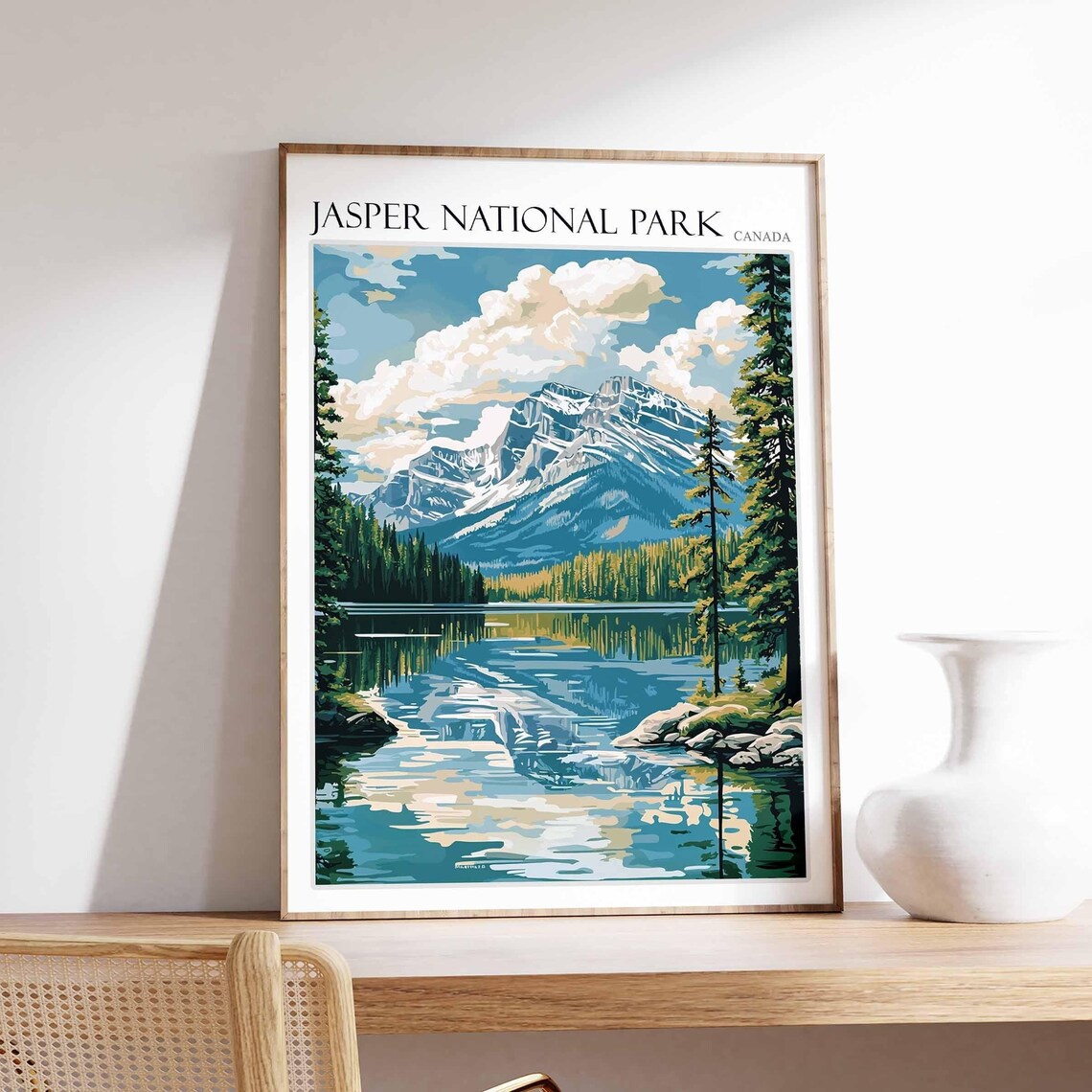 Jasper National Park Rugged Peak Lake Reflection Travel Poster