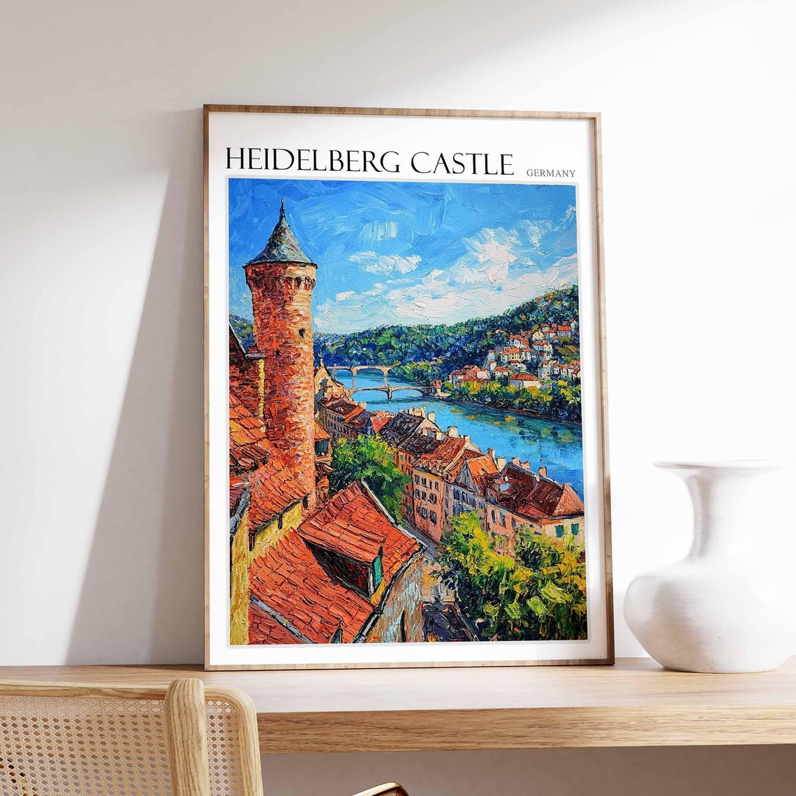 Heidelberg Castle Tower Rooftops River View Germany Travel Poster