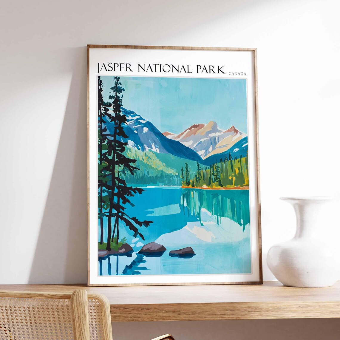 Jasper National Park Turquoise Lake Pines Shore Travel Poster