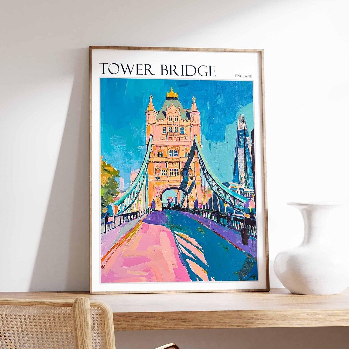 Tower Bridge Pink Walkway Shard London Skyline Painted Art Poster