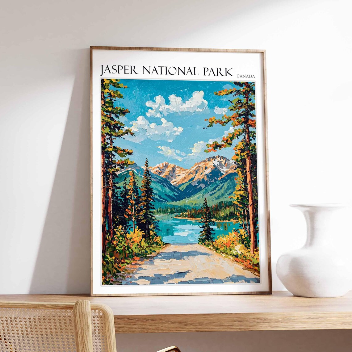 Jasper National Park Canada Sunlit Pine Road To Turquoise Lake Poster
