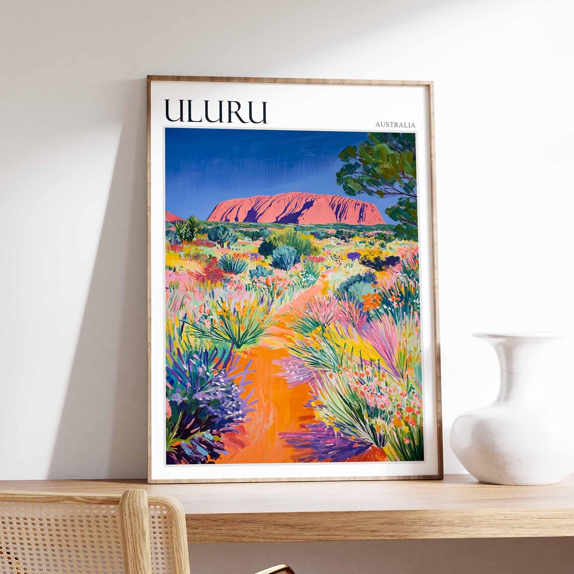 Uluru Australia Wildflower Field Bright Blue Sky Joyful Travel Poster