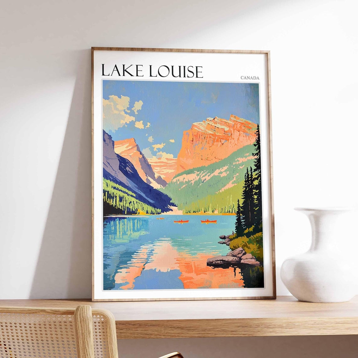 Lake Louise Canada Red Canoes Orange Cliffs Lakeside Art Poster