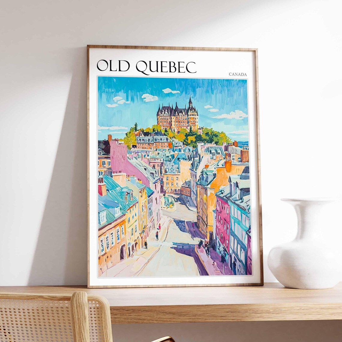 Old Quebec Canada Pastel Street and Castle on the Green Hill Poster
