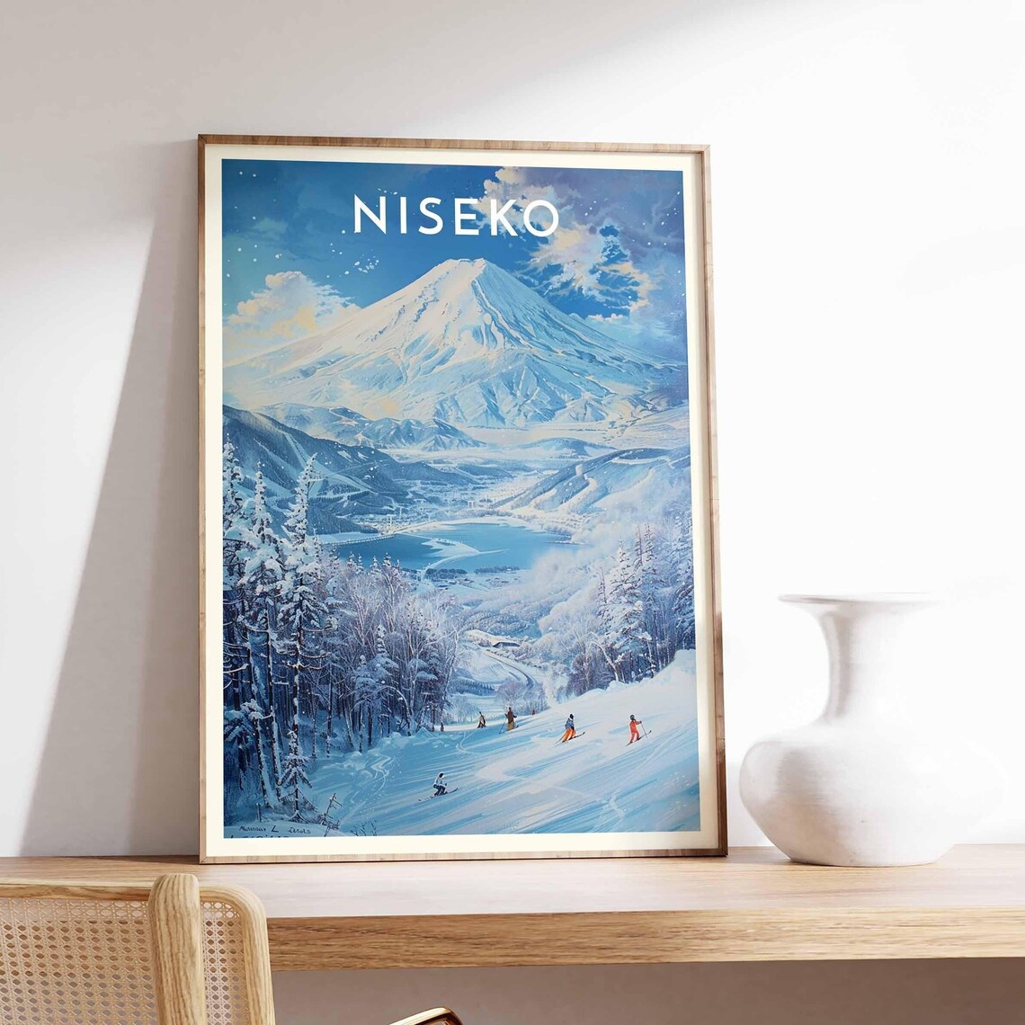 Niseko Japan Skiers On Slope Town And Snow Peak Panorama Travel Poster