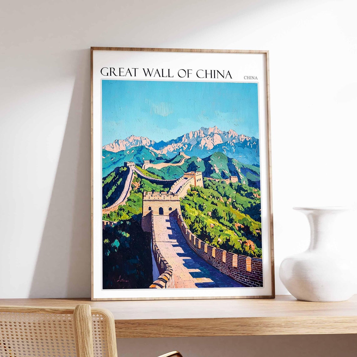 Great Wall of China Mountain Watchtower Painterly Landscape Poster