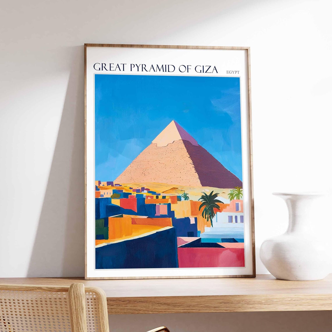 Great Pyramid of Giza Egypt Over Colorful Village Scene Poster