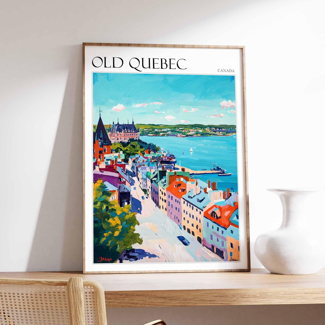 Old Quebec Canada Steep Old Street with Castle and Harbor Views Poster