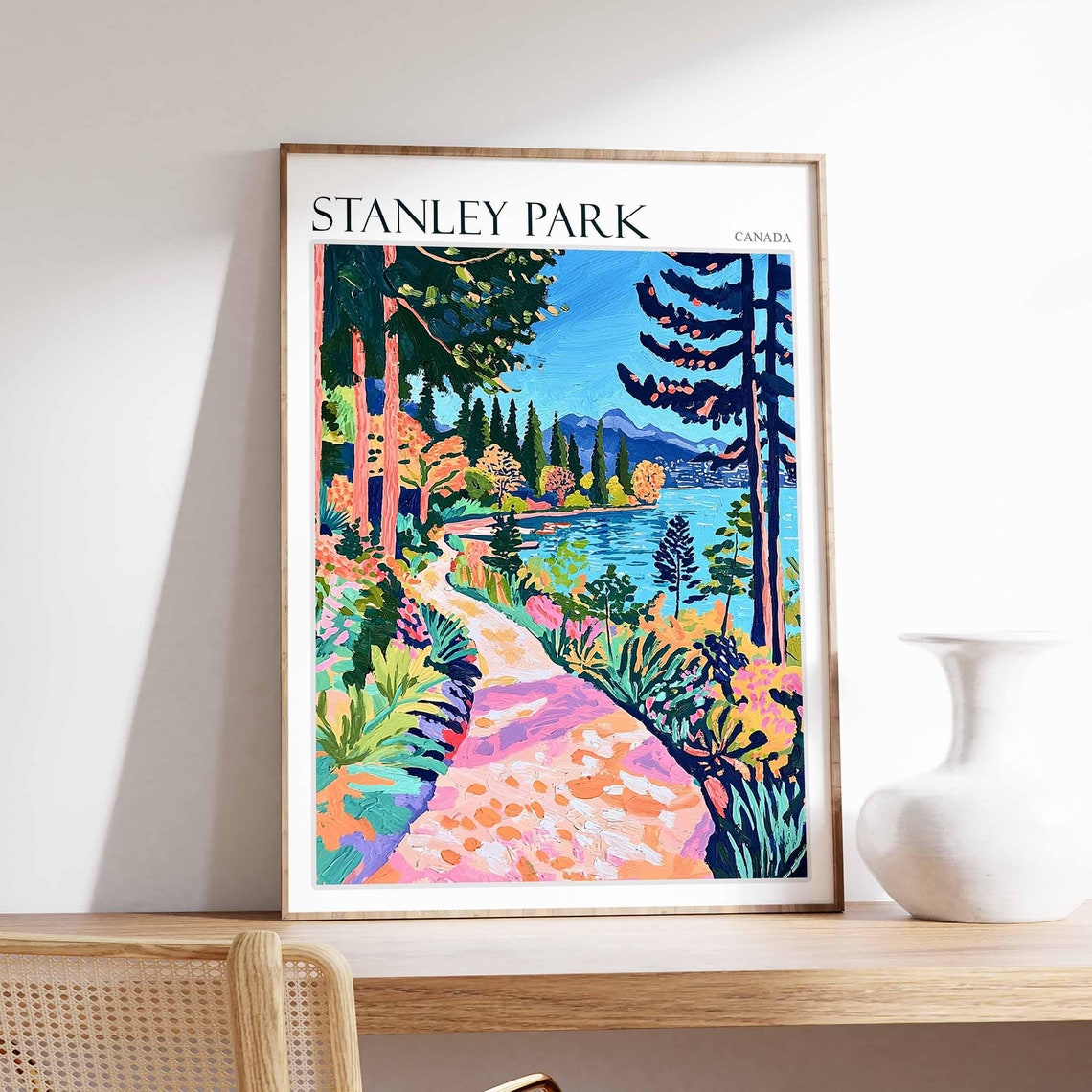 Stanley Park Pink Path Autumn Foliage Lake View Canada Travel Poster