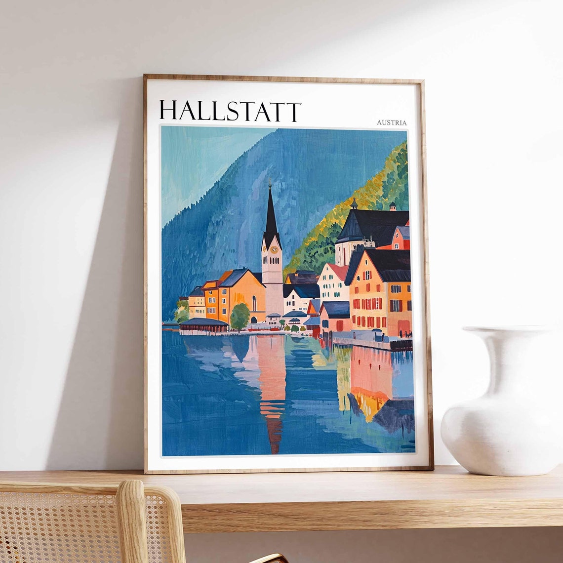 Hallstatt Austria Retro Lakeside Illustration Travel Art Poster