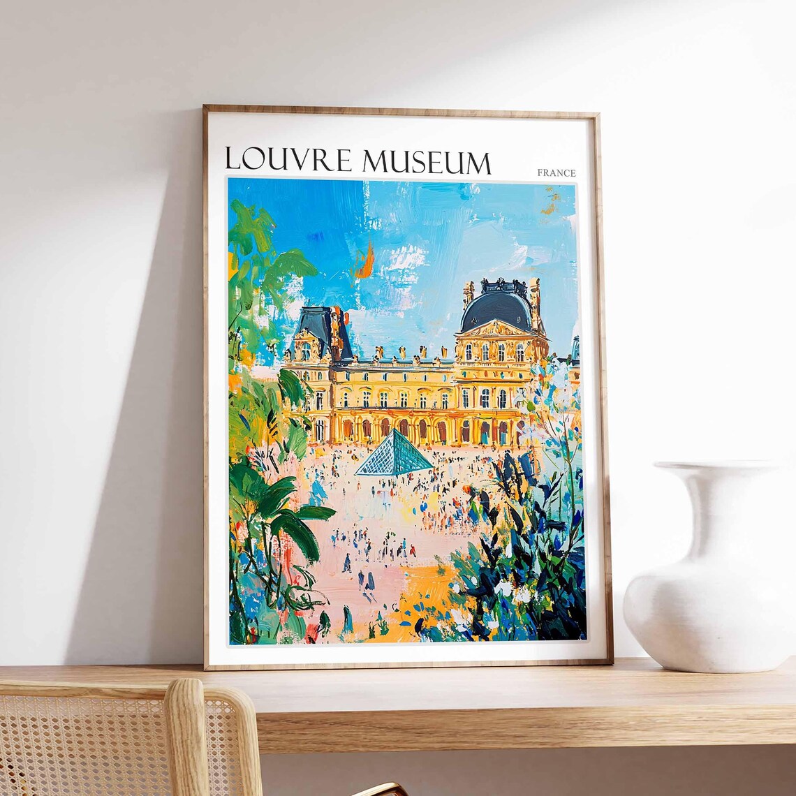 Louvre Museum France Painterly Pyramid Palace Crowds Travel Poster