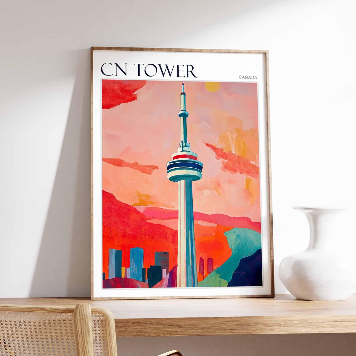 CN Tower Canada Toronto Fiery Red Sunset Sky Close Up Art Poster