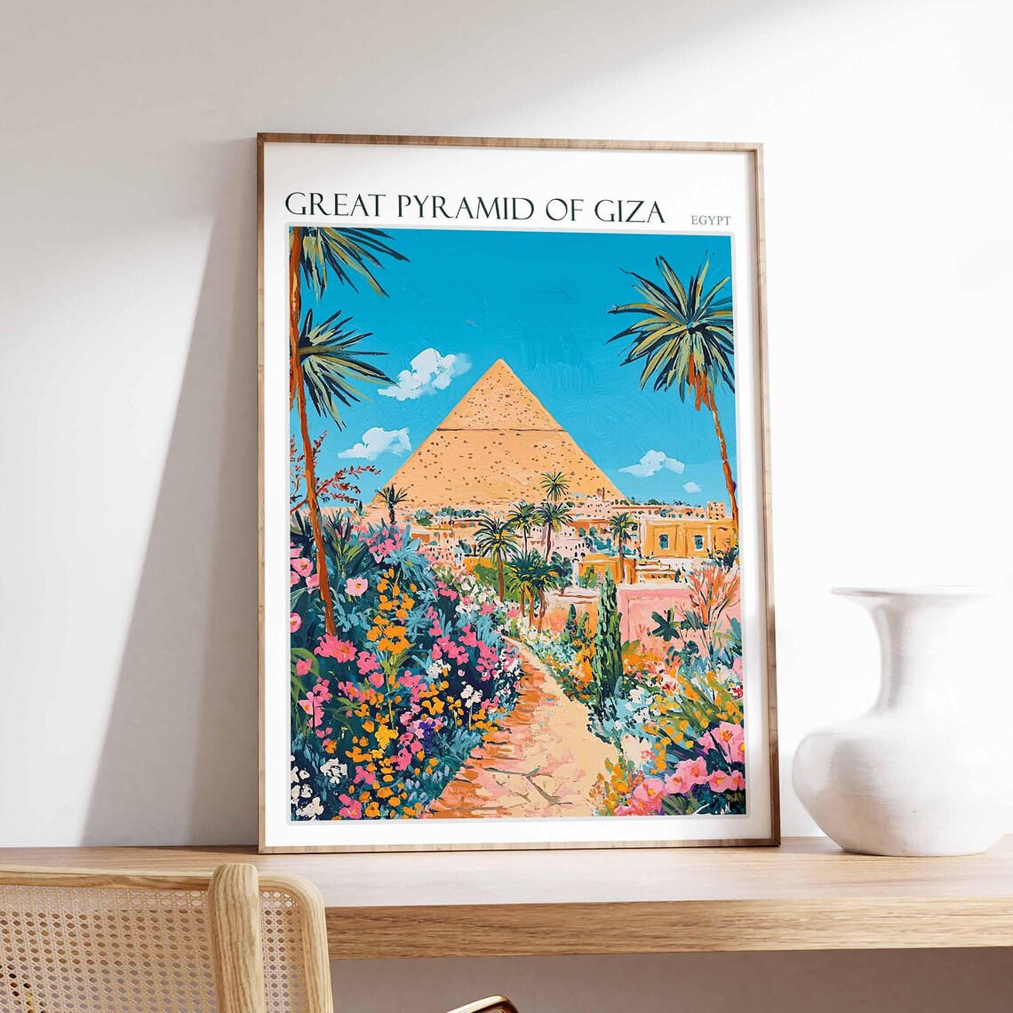 Great Pyramid of Giza Egypt Garden Path Palms Painting Poster