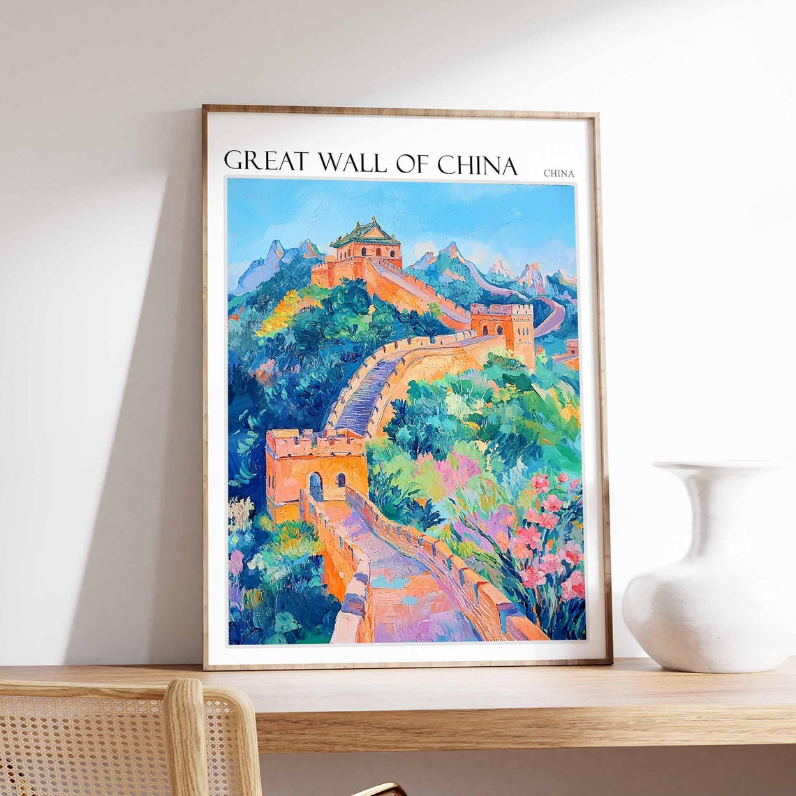 Great Wall of China Orange Towers and Flower Garden Artwork Poster