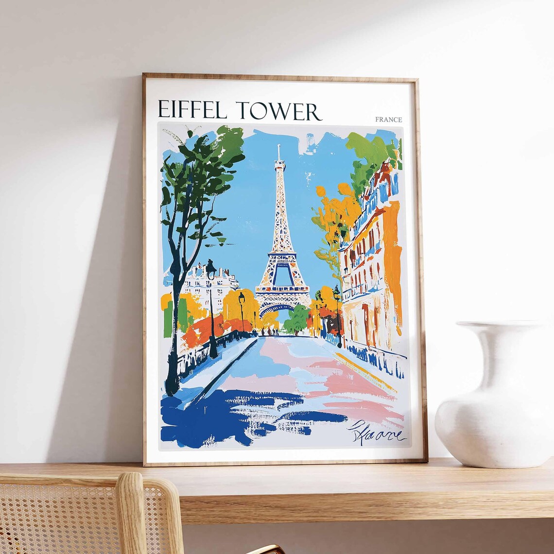 Eiffel Tower France Travel Poster Paris Street Autumn Trees Painting