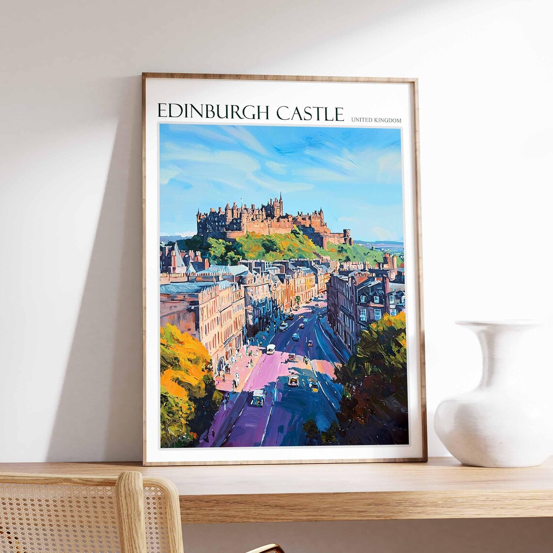 Edinburgh Castle United Kingdom Blue Sky Autumn Street Painting Poster