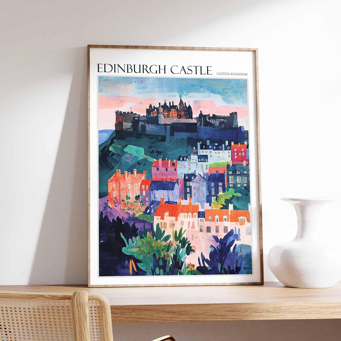 Edinburgh Castle United Kingdom Pink Sunset Skyline Painting Poster