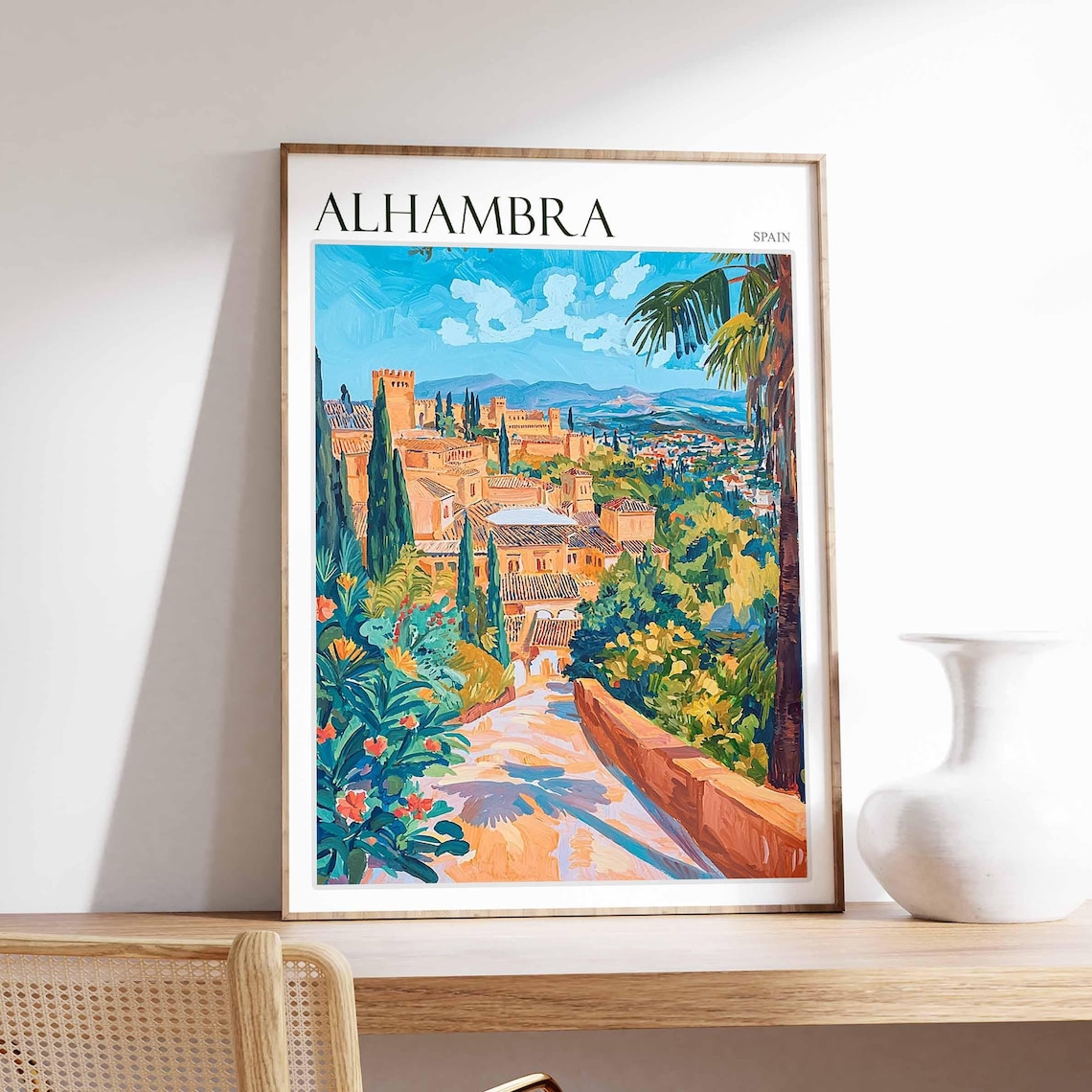 Alhambra Spain Palace Gardens Colorful Painting Travel Poster