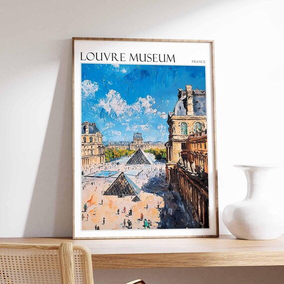 Louvre Museum Aerial Courtyard Oil Style Paris France Poster