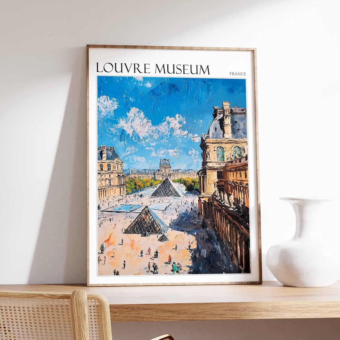 Louvre Museum Aerial Courtyard Oil Style Paris France Poster
