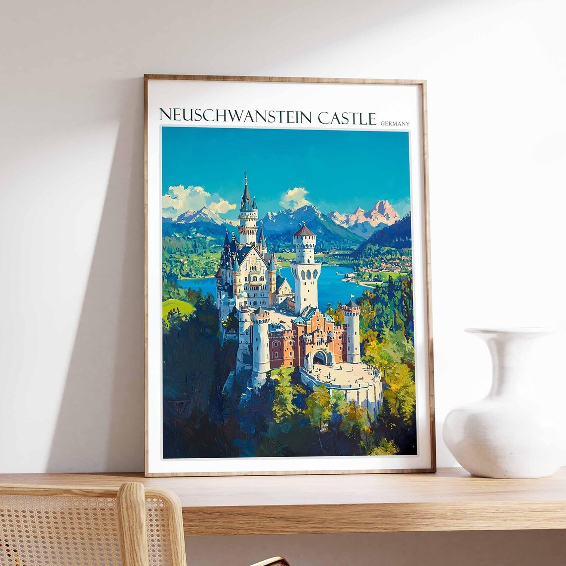 Neuschwanstein Castle Snowy Lake Village Flat Panorama Poster