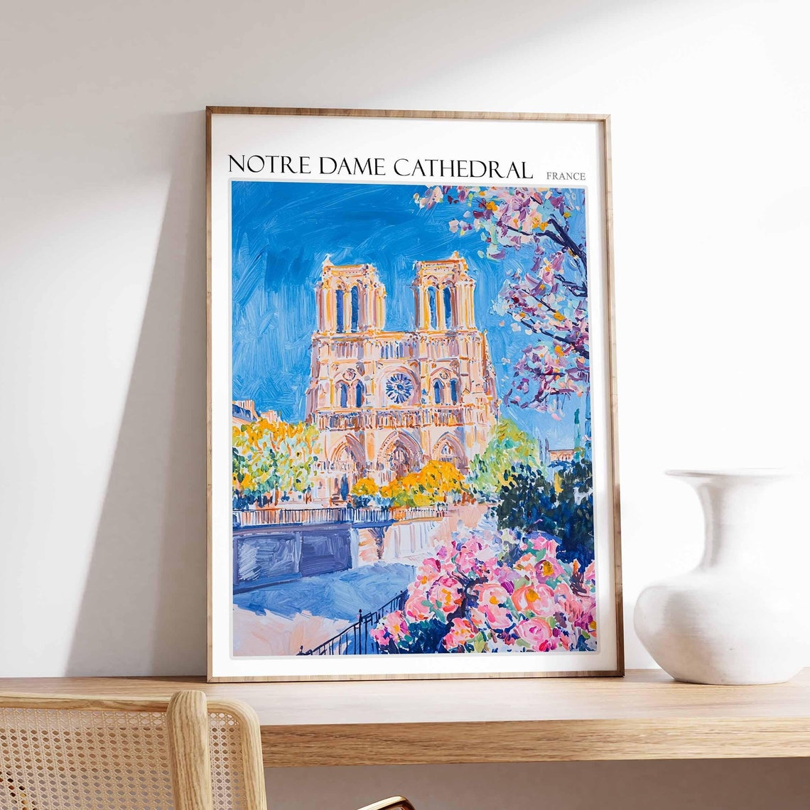 Notre Dame Cathedral Poster Notre Dame Cathedral Travel Print France Travel Poster Tropical Decor Travel Gift Floral Print