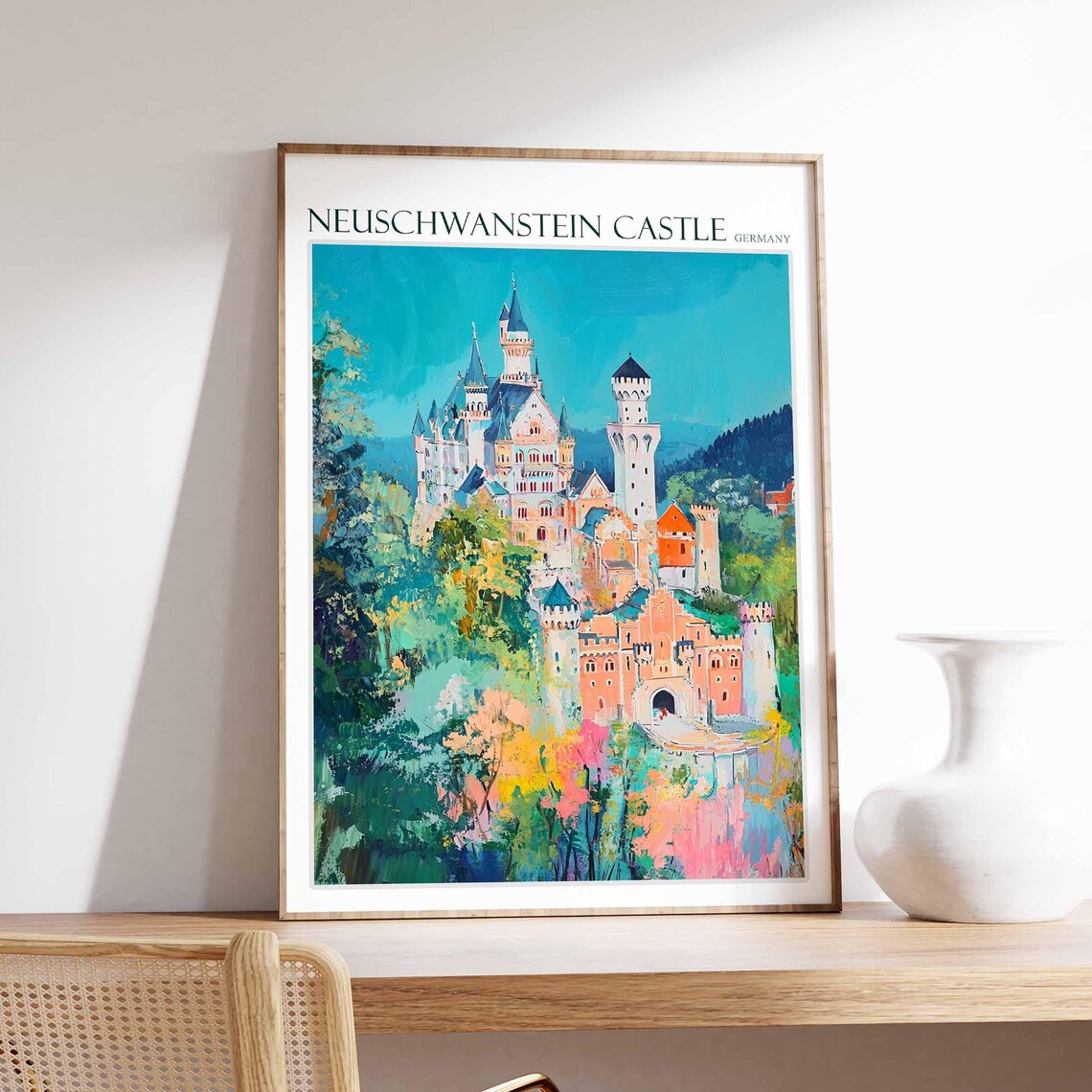 Neuschwanstein Castle Teal Expressive Painterly Style Poster