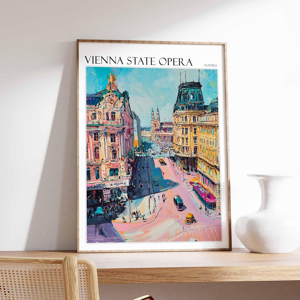 Vienna State Opera Austria Poster Vibrant Pink Street and Cars Scene