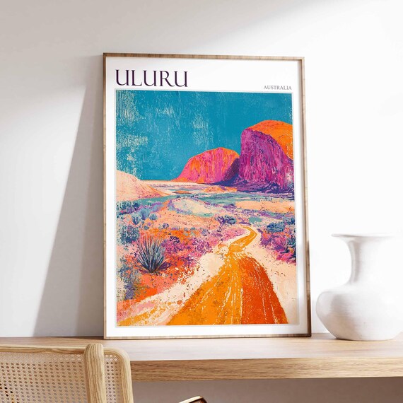 Uluru Australia Pink Rock Domes Golden Road Colorful Scenic Travel Poster