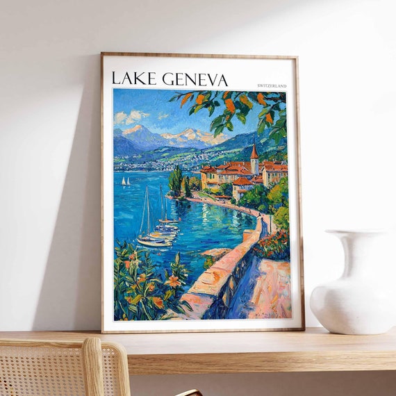 Lake Geneva Poster Switzerland Travel Print Swiss Decor Europe Travel Poster European Wall Art Lake Geneva Travel Poster