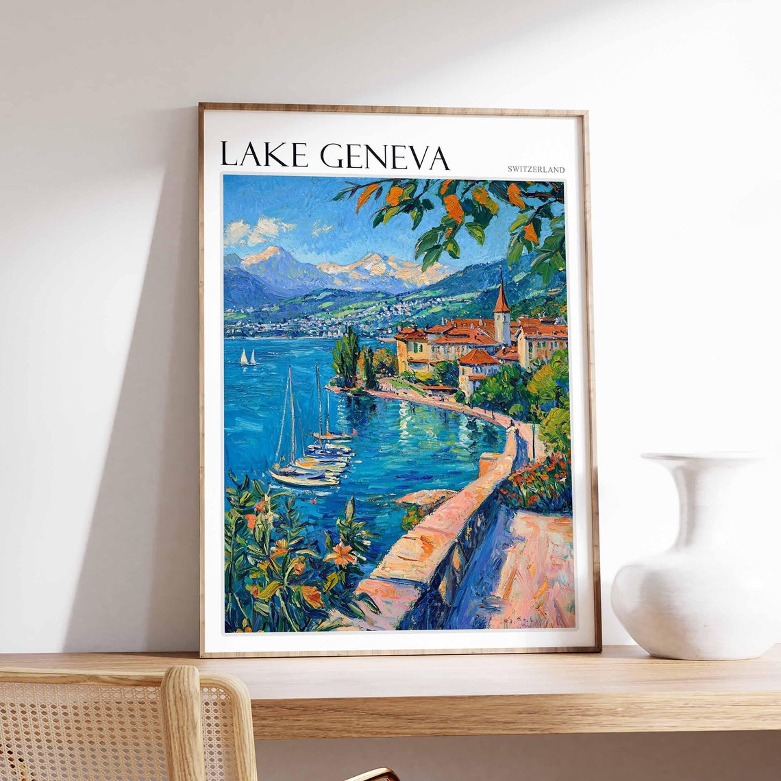 Lake Geneva Poster Switzerland Travel Print Swiss Decor Europe Travel Poster European Wall Art Lake Geneva Travel Poster