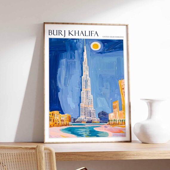 Burj Khalifa Poster United Arab Emirates Wall Art Arabian Travel Print Tropical Decor Burj Khalifa Travel Poster City Print