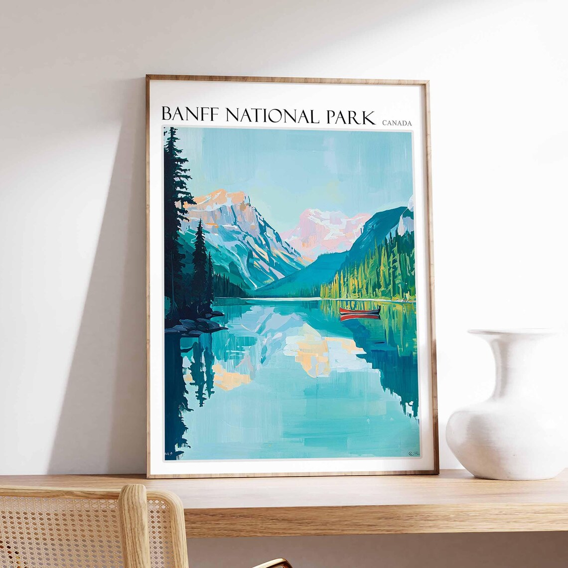 Banff National Park Canada Turquoise Lake Poster with Red Canoe