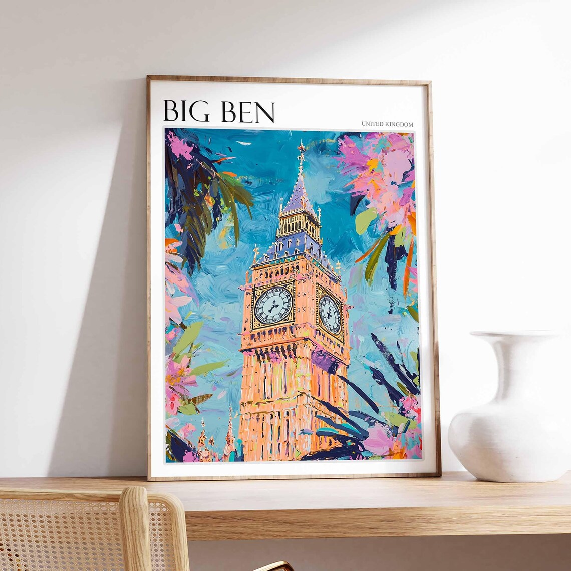 Big Ben United Kingdom Close-Up Tower With Tropical Flowers Poster