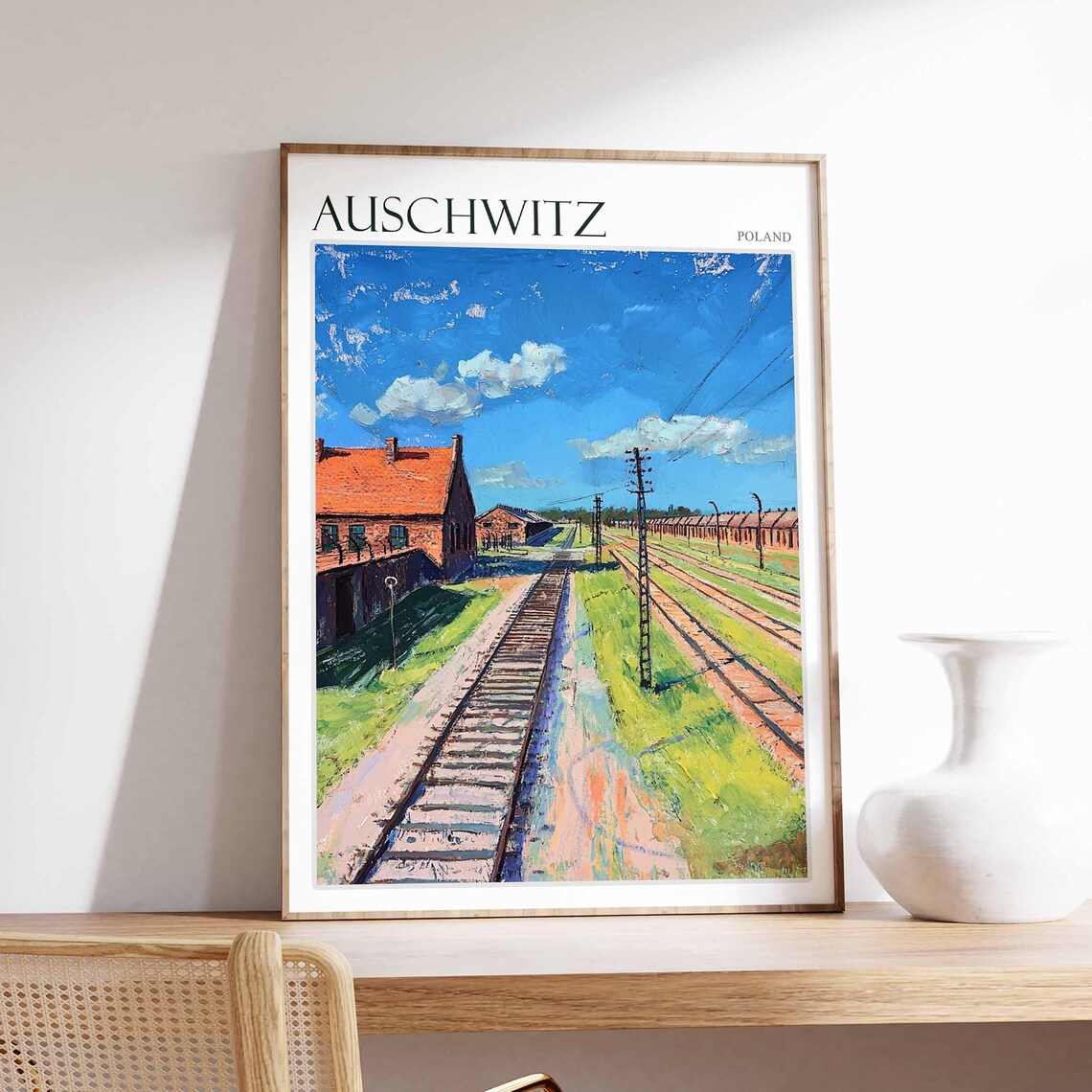 Auschwitz Poland Camp Buildings Colorful Painting Travel Poster