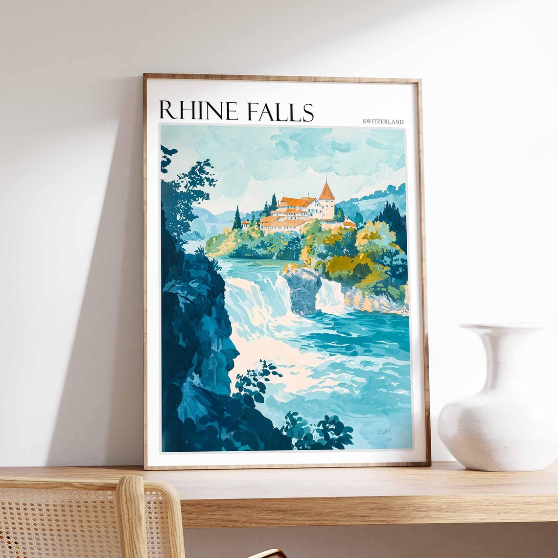 Rhine Falls Switzerland Castle Overlook Turquoise Water Poster