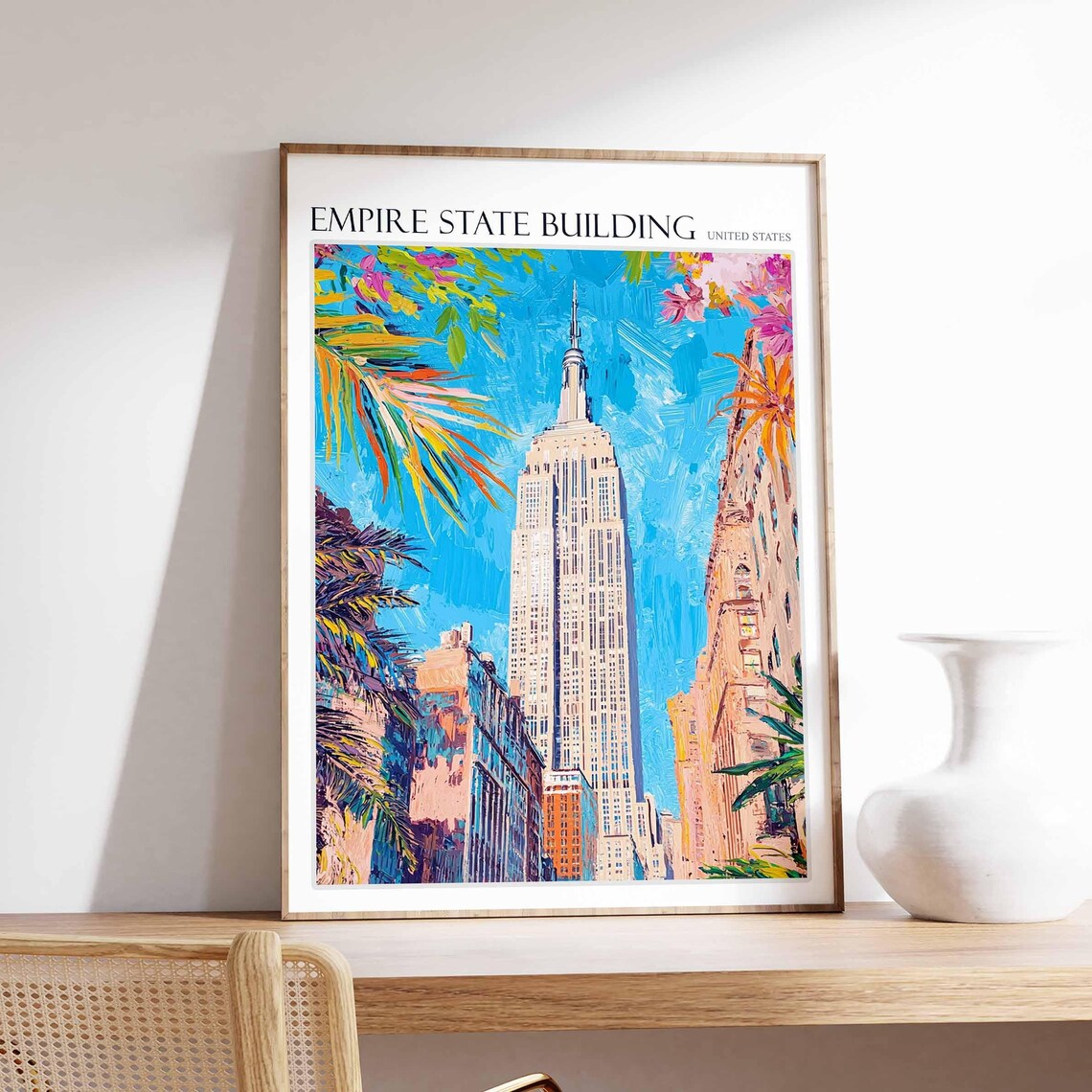 Empire State Building Tropical Palm Leaves New York City Poster