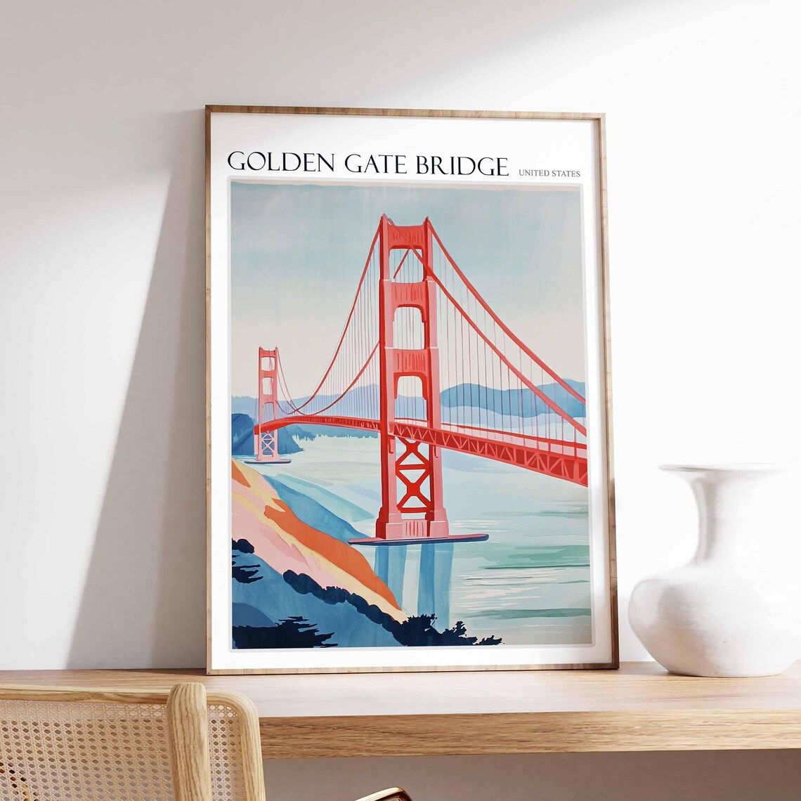 Golden Gate Bridge Tall Tower Pastel Cliff Seaside Art Poster